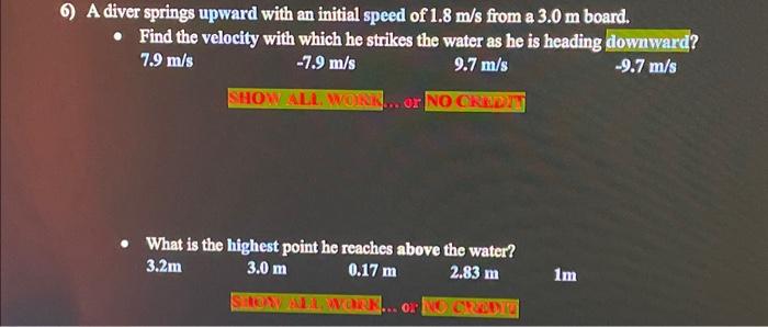 A diver springs upward with an initial speed of